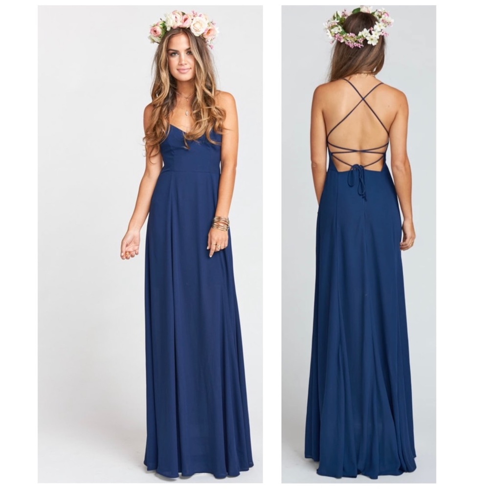 Show Me Your Mumu Godshaw Goddess Gown in Rich Navy Chiffon